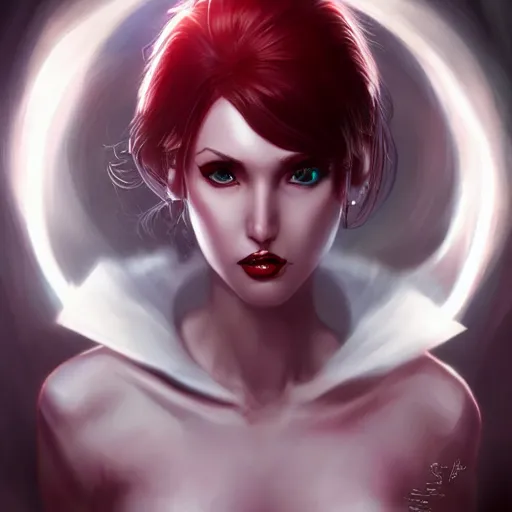 Image similar to princess of darkness, style of rutkowski, artgerm comic, piercing eyes, long glowing red hair, cinematic, highly detailed, award winning