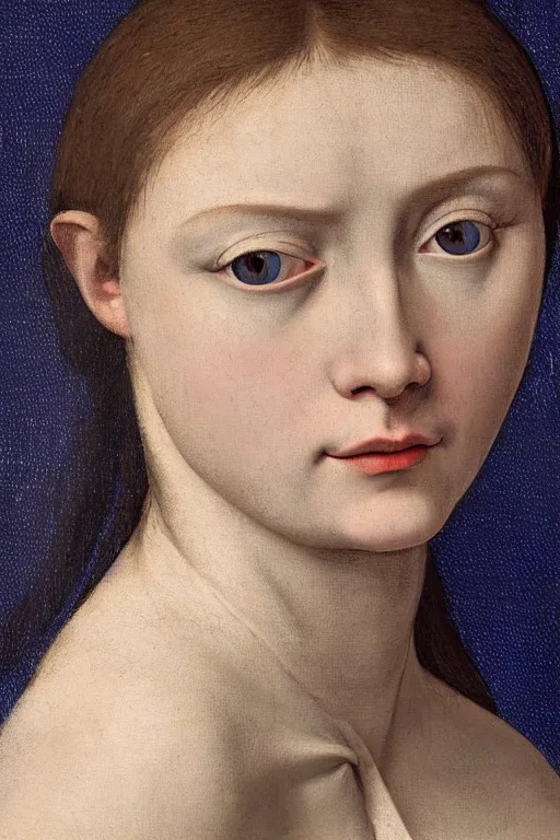 Prompt: hyper - realistic close - up portrait of a medieval female in the caravaggio style, pale skin, in a silver silk robe, blue palette