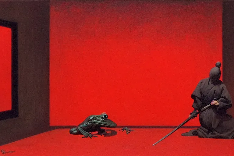 Image similar to only with red, a red samurai harakiri, tokio, a lot of frogs watch, in the style of beksinski, parts by edward hopper, parts by rodcenko, parts by yue minjun, intricate and epic composition, red by caravaggio, insanely quality, highly detailed, masterpiece, red light, artstation, 4 k