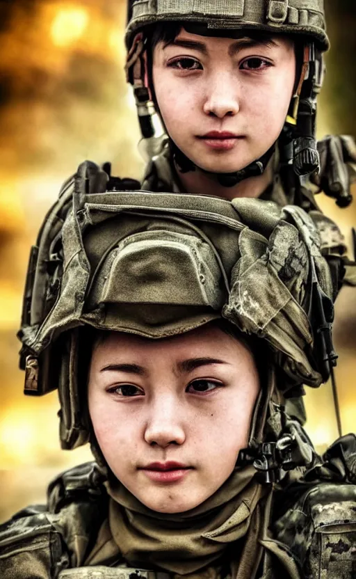 Prompt: portrait photo, highly detailed, high resolution, war photo, stunning, bokeh soft, 100mm, by ufotable anime studio, trending on instagram, by professional photographer, realistic human anatomy, real human faces, realistic military carrier, soldier clothing, modern warfare, realistic guns, low saturation