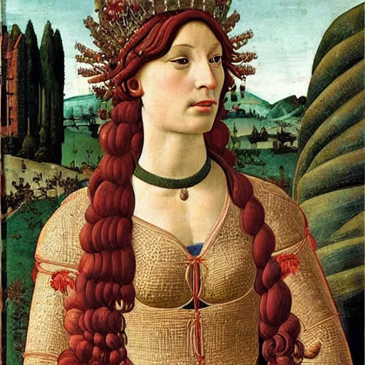 Image similar to portrait of tyrannosaurus dressed as an italian queen, painting by botticelli