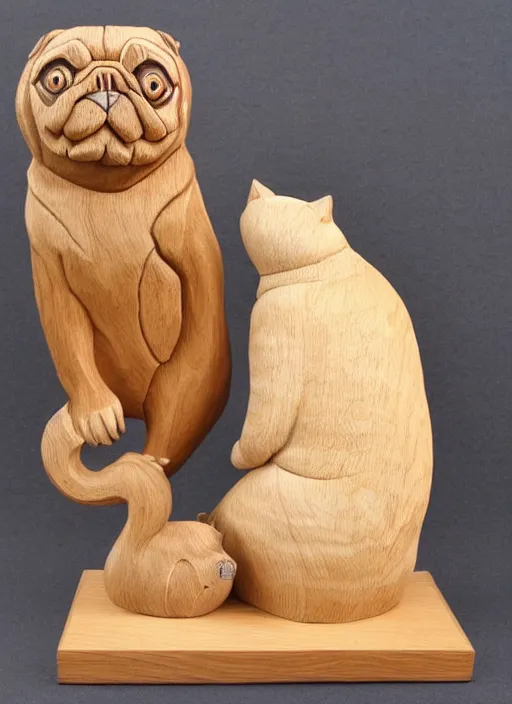 Prompt: wood carving of a pug squaring up to a large tabby cat