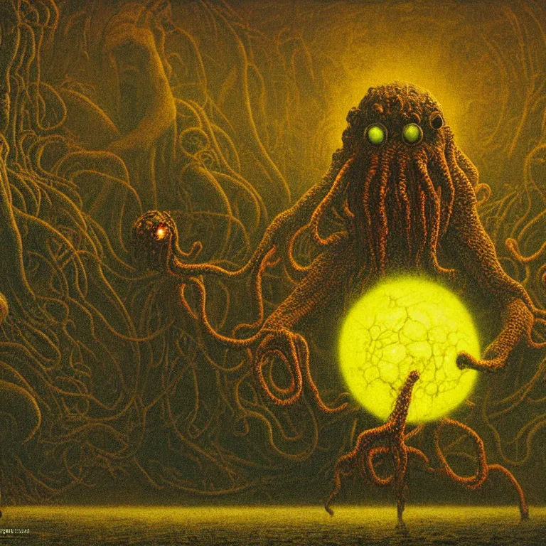 Image similar to a cinematic scene tennis ball monster from the cthulhu in nevada test side, lovecraft, concept art by beksinski and jean delville, dramatic lighting, ultra hd, hdr, 8 k