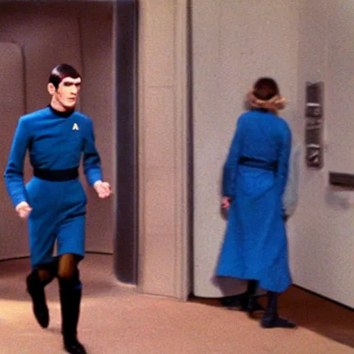 Prompt: color photo of mr spock blue uniform exiting the tardis