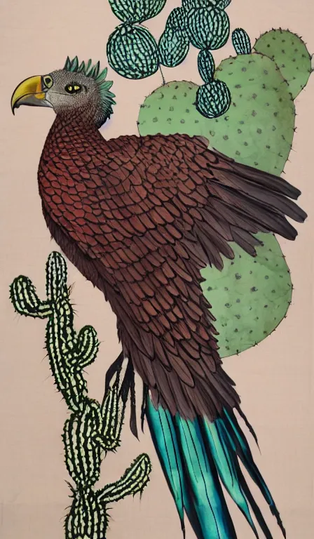 Prompt: turkey vulture on cactus by Shen Quan , hanging scroll, ink and colours on silk