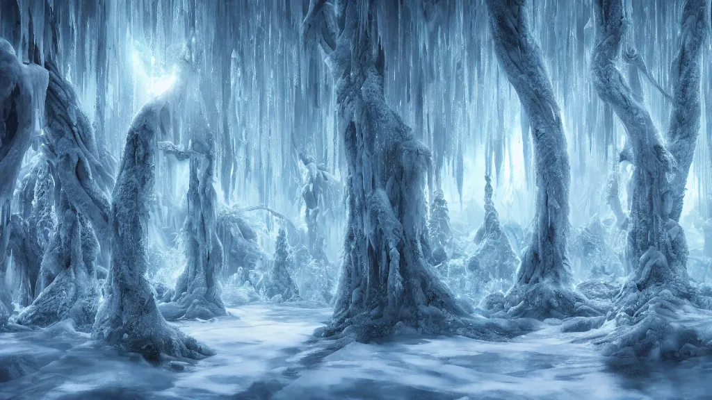 Image similar to ice forest, fantasy artwork, very very very beautiful scenery, hd, hdr, ue5, ue6, unreal engine 5, cinematic 4k wallpaper, 8k, ultra detailed, high resolution, artstation, award winning