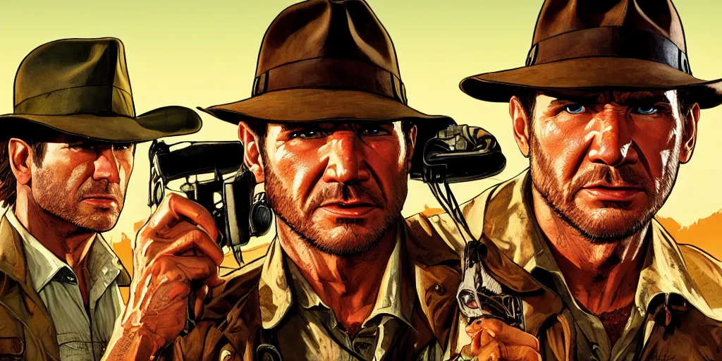 Prompt: Indiana Jones in GTA V, Cover Art by Stephen Bliss, Boxart, Loading Screen. 8k Resolution