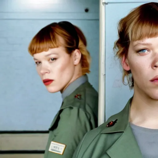 Prompt: Lea Seydoux as a prison guard in a french prison in a Wes Anderson Movie