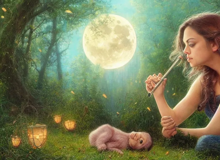 Image similar to Mila Kunis staring into the camera singing a lullaby, fireflies, full moon, Lilia Alvarado, Sophie Anderson, Mark Arian, Bob Byerley, Charlie Bowater, Mark Brooks, Steve Henderson, Justin Gerard, Arthur Hughes, Edward Robert Hughes, Mark Keathley, Victor Nizovtsev, Carlos Shwabe, Ross Tran, WLOP