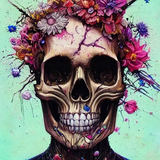 Prompt: art portrait of a skull with flowers exploding out of head, decaying ,8k,by tristan eaton,Stanley Artgermm,Tom Bagshaw,Greg Rutkowski,Carne Griffiths, Ayami Kojima, Beksinski, Giger,trending on DeviantArt,face enhance,hyper detailed,minimalist,cybernetic, android, blade runner,full of colour,
