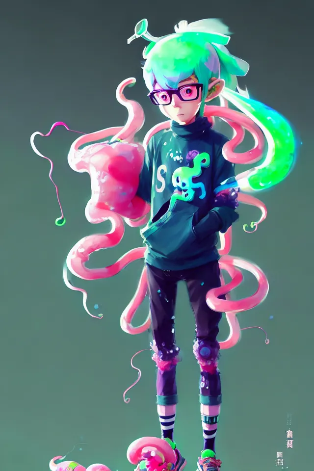 Image similar to a beautiful fullbody portrait of a cute splatoon anime boy with pink hair and green eyes wearing sports clothing tight leggings. character design by cory loftis, fenghua zhong, ryohei hase, ismail inceoglu and ruan jia. artstation, volumetric light, detailed, photorealistic, fantasy, rendered in octane