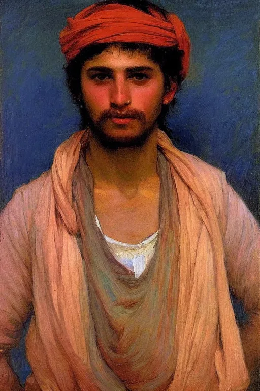 Image similar to Portrait of a young mascular gypsy man magucian, by victor Nizovtsev, bouguereau