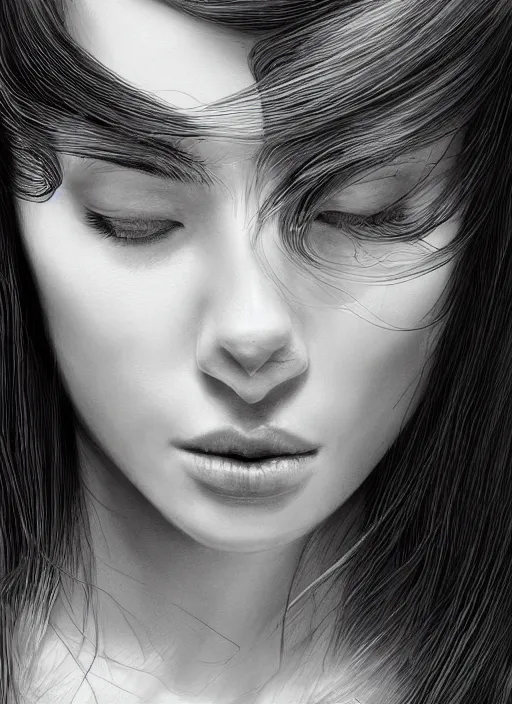 Image similar to up close portrait of a beautiful woman in black and white, photorealistic, intricate hair, art by diego fazio and diegoKoi and oscar Ukono, concept art, sharp focus, artgerm, 8k highly detailed