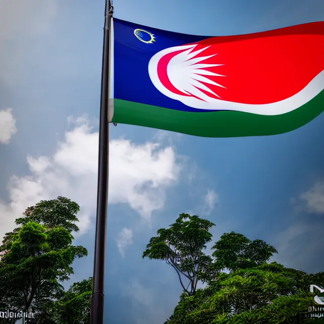 Image similar to photo of a malaysian flag raised on a flag pole on the malaysian national day, highly detailed, 8 k, hdr smooth, sharp focus, high resolution, award - winning photo, dslr, 5 0 mm