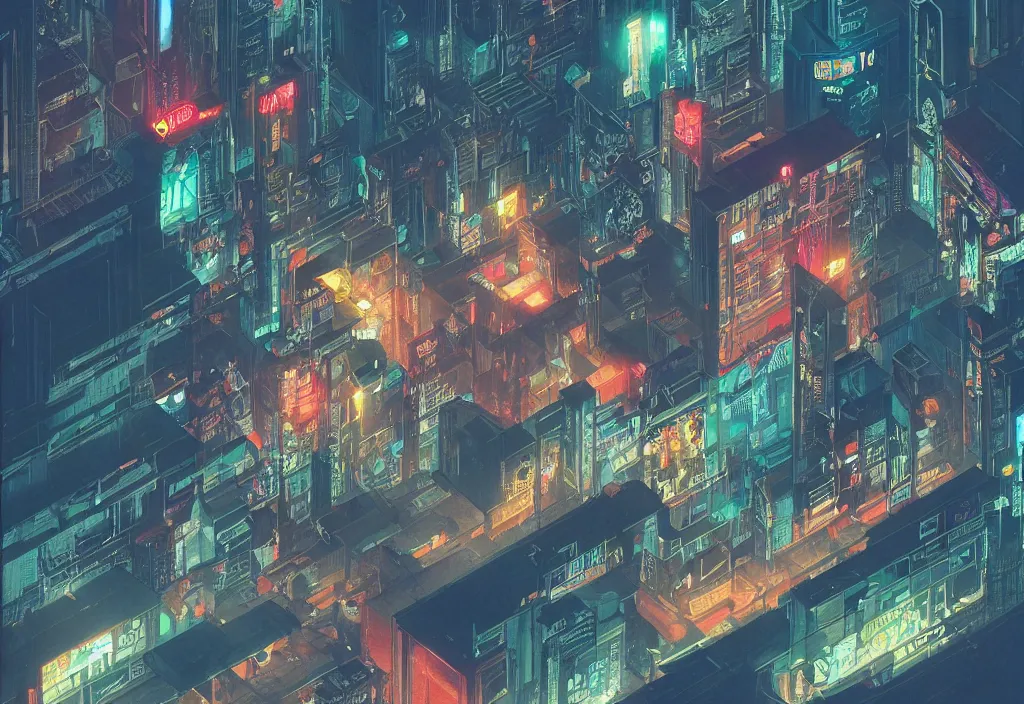 Prompt: a cyberpunk city scape in isometric style, at night with neon lights and advertisements, by Beksinski 4k, deviantart, trending on artstation