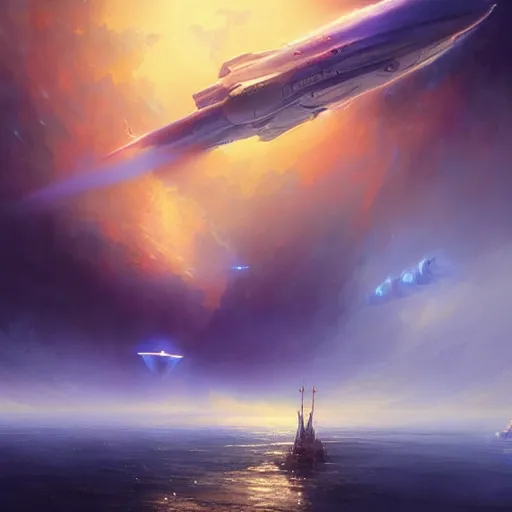 Image similar to ''cinematic shot of an spaceship being hit by a rocket and has to evacuate from the ship made by ivan aivazovsky, peter mohrbacher, greg rutkowski volumetric light effect broad light oil painting painting fantasy art style sci - fi art style realism premium prints available artwork unreal engine