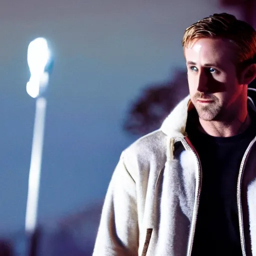 Image similar to Ryan gosling in Drive (2011) holding a baseball bat on his left hand and a goose mask on his right hand, grain, night, illuminated by a street light, atmospheric