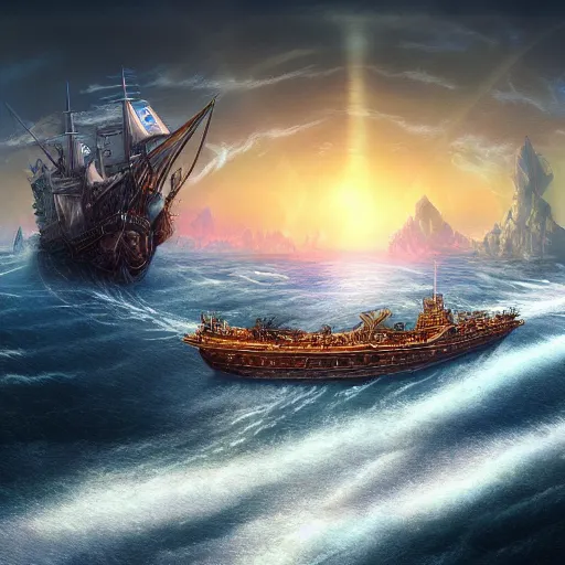 Image similar to fantasy fireship crossing an ocean, high detail, fantasy art, concept art, 4 k, ultra detail, computer art