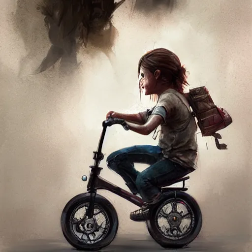 Prompt: portrait of elle from the last of us, riding a tricycle, painted by greg rutkowski, wlop