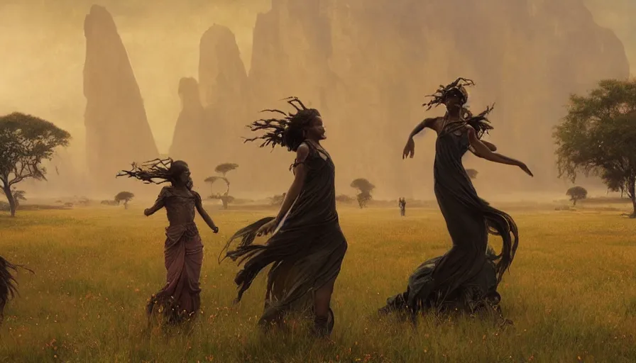 Image similar to girls dancing around a black monolith through the african savannah, artgerm and greg rutkowski and alphonse mucha, an epic fantasy, volumetric light, detailed, establishing shot, an epic fantasy, trending on art station, octane render, midsommar