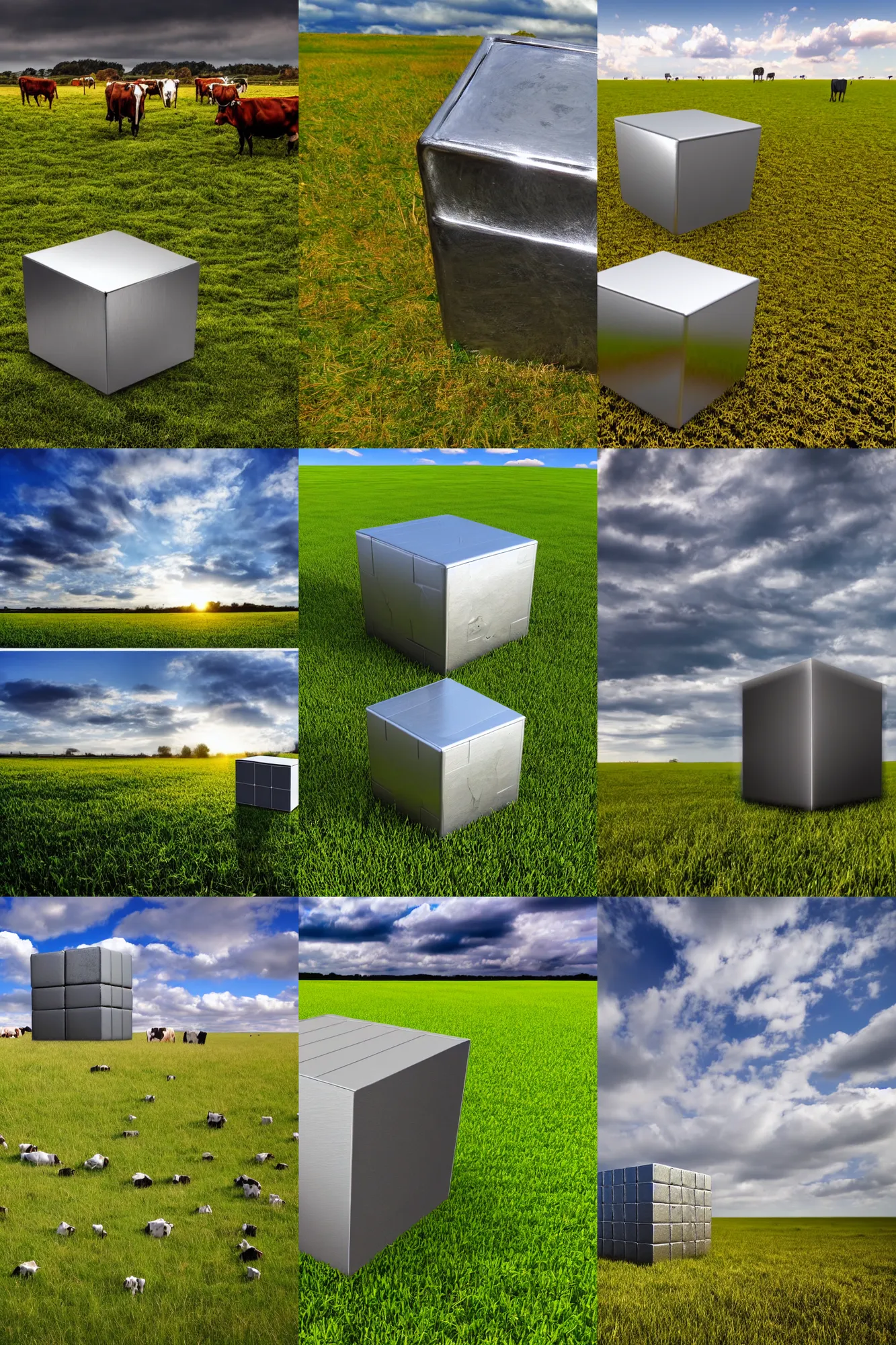 Prompt: a huge metal cube in a field surrounded by grazing cows, 4k, high quality