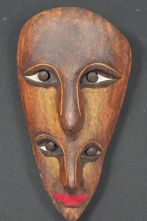 Prompt: a flat carved wooden elf mask face, staring eyes, vividly coloured, highly detailed, vintage european folk art, colour photograph