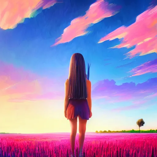 Prompt: giant gladiola flower as head, full body girl standing in a flower field, surreal photography, sunrise, dramatic light, impressionist painting, colorful clouds, digital painting, artstation, simon stalenhag