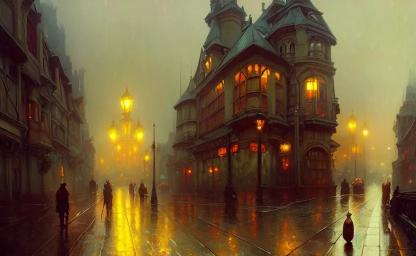 Image similar to an old victorian city with rainy atmosphere and moody and cinematic lighting by alphonse mucha, simon stalenhag and darek zabrocki, cinematic and atmospheric, concept art, artstation, trending on artstation