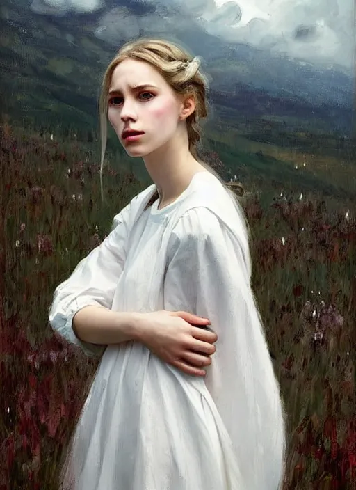 Image similar to portrait of girl dressed in white clothes , countryside, fantasy character portrait, dynamic pose, above view, view from above, sunny day, thunder clouds in the sky, artwork by Jeremy Lipkin and Giuseppe Dangelico Pino and Michael Garmash and rob rey, very coherent symmetrical artwork, perfect face, simple form, 100mm