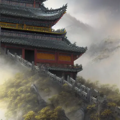 Image similar to dynamic composition, motion, ultra-detailed, incredibly detailed, a lot of details, amazing fine details and brush strokes, colorful and grayish palette, smooth, HD semirealistic anime CG concept art digital painting, watercolor oil painting of epic castle gate, from Three Kingdoms, by a Chinese artist at ArtStation, by Huang Guangjian, Fenghua Zhong, Ruan Jia, Xin Jin and Wei Chang. Realistic artwork of a Chinese videogame, gradients, gentle an harmonic grayish colors.