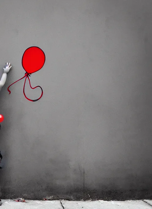 Image similar to a side profile of a boy letting go of a single red balloon on a concrete background in the style of Banksy, graffiti, digital art