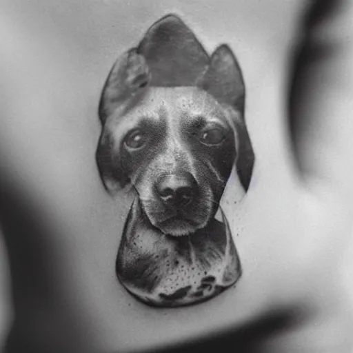 Image similar to a mid 1 9 0 0 s photograph of the back of a hand with a tattoo of a dog on it