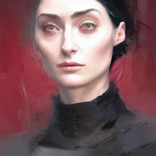 Image similar to portrait of a woman by greg rutkowski, she looks like elizabeth debicki, pale skin with black hair, she is wearing a red and black kevlar gear with a cape, highly detailed portrait, digital painting, artstation, concept art, smooth, sharp foccus ilustration, artstation hq