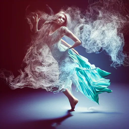 Image similar to manshaped swirling smoke beside woman dancing underwater wearing a flowing dress made of seaweed, octane render, caustics lighting from sunlight above, cinematic