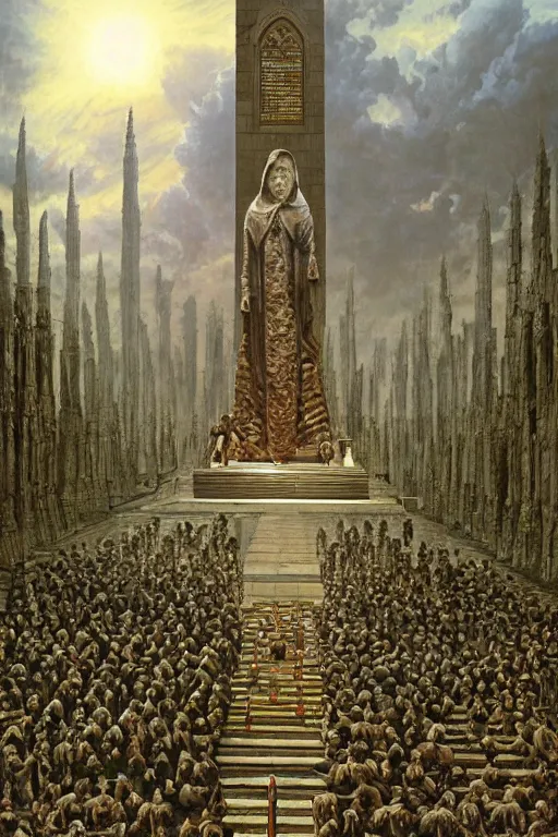 Prompt: Artwork by Ted Nasmith of the cinematic view of the Cenotaph of Ever-changing Blasphemy.
