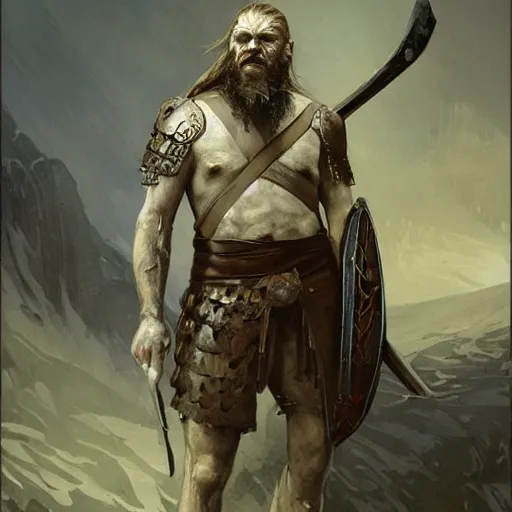 Image similar to rough-skinned, short-bearded undead Viking warrior with ice-pale skin wearing brutalist plate armor with art deco knotwork, by Greg Rutkowski, Brom, and Alphonse Mucha