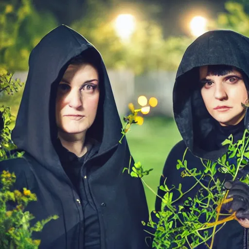 Prompt: a goth brunette woman in a black hooded cloak, standing beside a butch blonde tomboy woman engineer, in a garden at night, soft and romantic