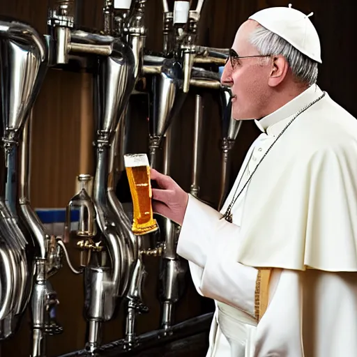 Image similar to photo of the steampunk Pope drinking a beer, 50mm, beautiful photo