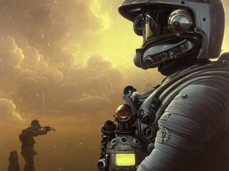 Image similar to a detailed profile oil painting of a lone shock trooper in a spacesuit with reflective helmet, technology flight suit, bounty hunter portrait symmetrical and science fiction theme with lightning, aurora lighting clouds and stars by beksinski carl spitzweg and tuomas korpi. baroque elements, full-length view. baroque element. intricate artwork by caravaggio. Trending on artstation. 8k