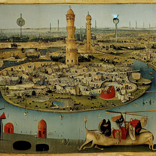 Image similar to circular city baghdad at abbasid caliphate age by hieronymus bosch,