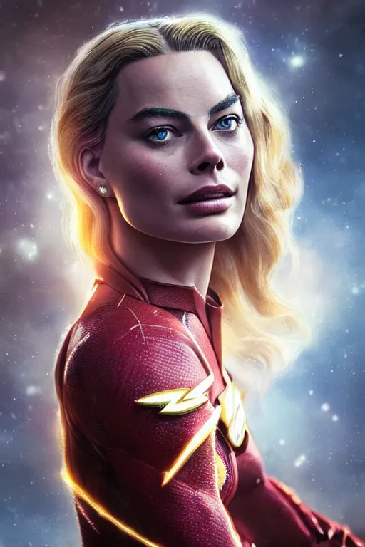 Image similar to majestic and regal portrait of margot robbie female the flash, dc universe, perfect face, beautiful, intricate, epic, elegant, fantasy, highly detailed, digital painting, hard focus, beautiful volumetric lighting, epic light, ultra detailed, by leesha hannigan, ross tran, thierry doizon, kai carpenter, ignacio fernandez rios