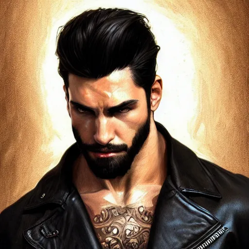 Prompt: Portrait of muscular man with stubble beard wearing a black leather jacket, upper body, intricate, wild, highly detailed, digital painting, artstation, concept art, smooth, sharp focus, illustration, art by artgerm and greg rutkowski and alphonse mucha