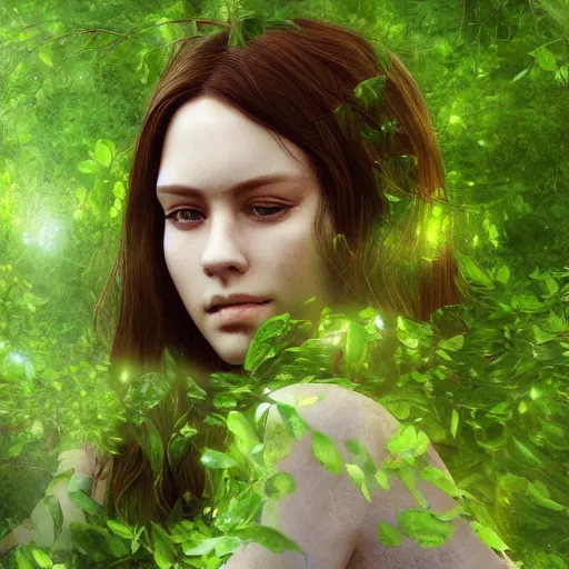 Prompt: a highly detailed digital rendering of a young woman surrounded and engulfed in green leaves, artstation, detailed woman, stunning volumetric lighting, elegant, fantasy, 4k