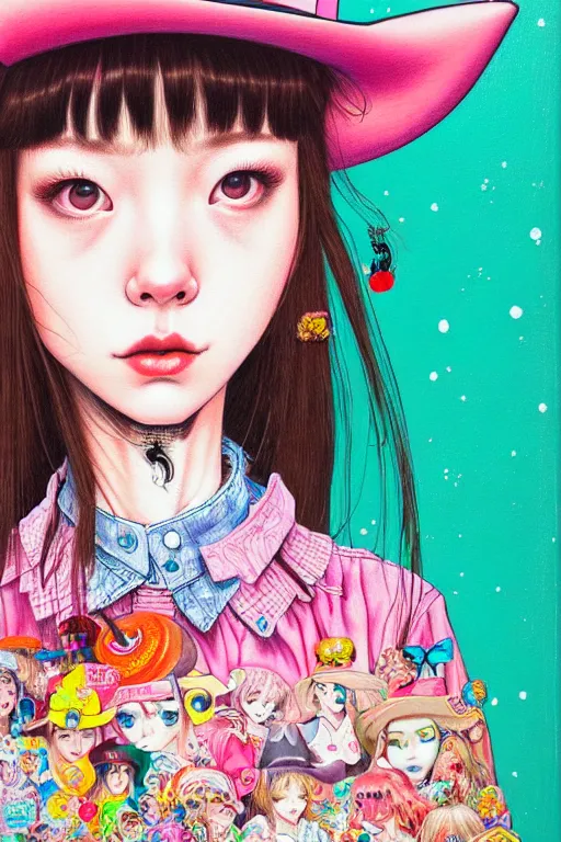 Image similar to girl wearing cowboy hat, style of yoshii chie and hikari shimoda and martine johanna, highly detailed