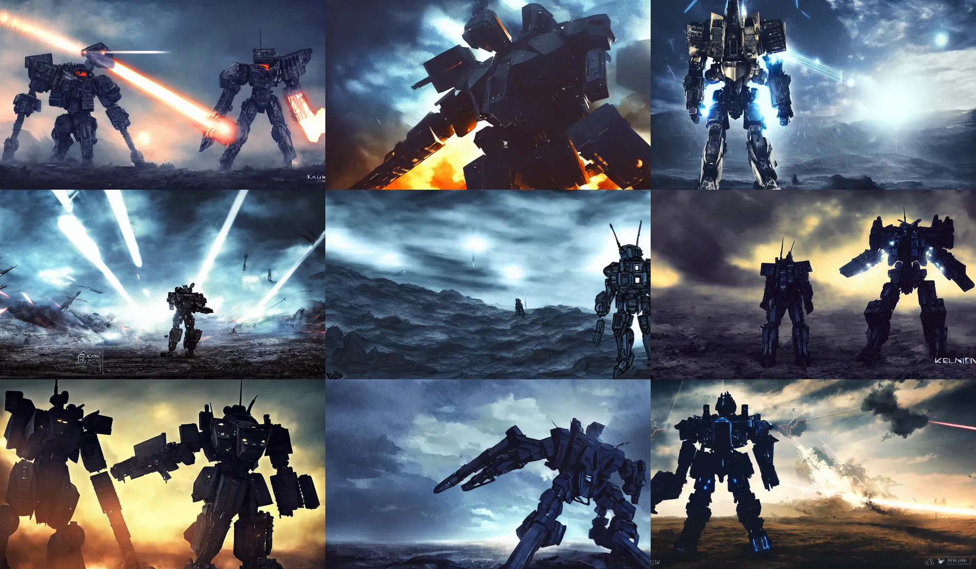 Prompt: an armored core v by kashin, wadim, booster flares, legs, laser rifles, karst landscape, very smooly, dark blue sky, cloud, wilderness ground, golden time, twilight ; wide shot, digital painting, photoreal, cinematic contrast, dynamic backlighting, sharp edge, motion blur