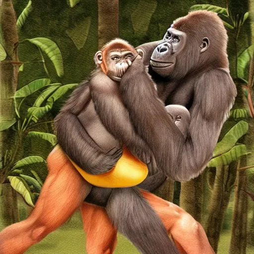 Prompt: gorilla and kangaroo boxing, on a flying banana in the sky, high quality, highly detailed, photorealistic,