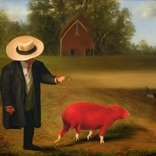 Prompt: a proud englishman farmer showing off his prized red ribbon hog at the county fair, oil painting