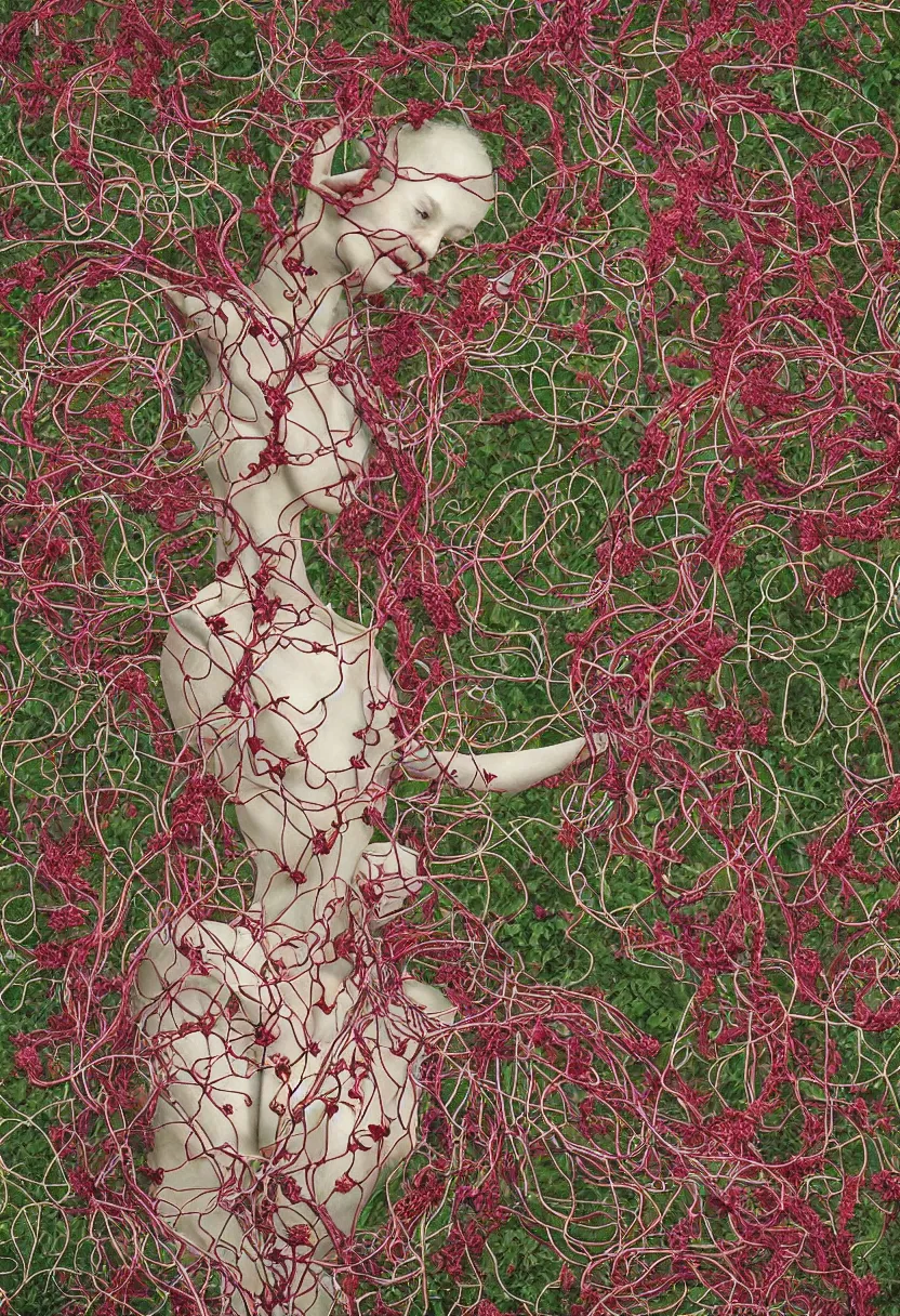 Prompt: human circulatory system, of vines and flowers, apocolypse, arms open, no duplicate image, heart made of flowers, intricate details, art by feng zhu, beautiful, human body, tangled, birds, hugging people, heart, face, body