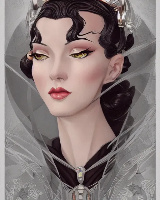 Image similar to portrait of lady dimitrescu, art deco style, beautiful, elegant, mesmerizing, concept art, highly detailed, smooth, fantastical, artstation, deviantart, trending, sana takeda, ayami kojima, shinichi sakamoto