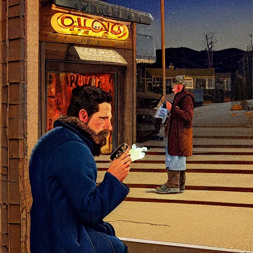 Image similar to a man in a shearling denim jacket smokes a lit cigarette outside a lonely colorado bar at 1 am, high quality high detail art by angus mcbride & n. c. wyeth, hd, realistic, photorealistic lighting, composition inspired by gregory crewdson.
